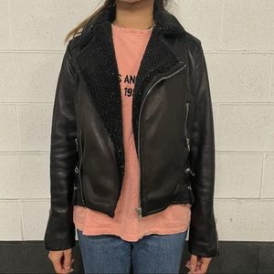 Black Leather Moto Jacket with Shearling Lining